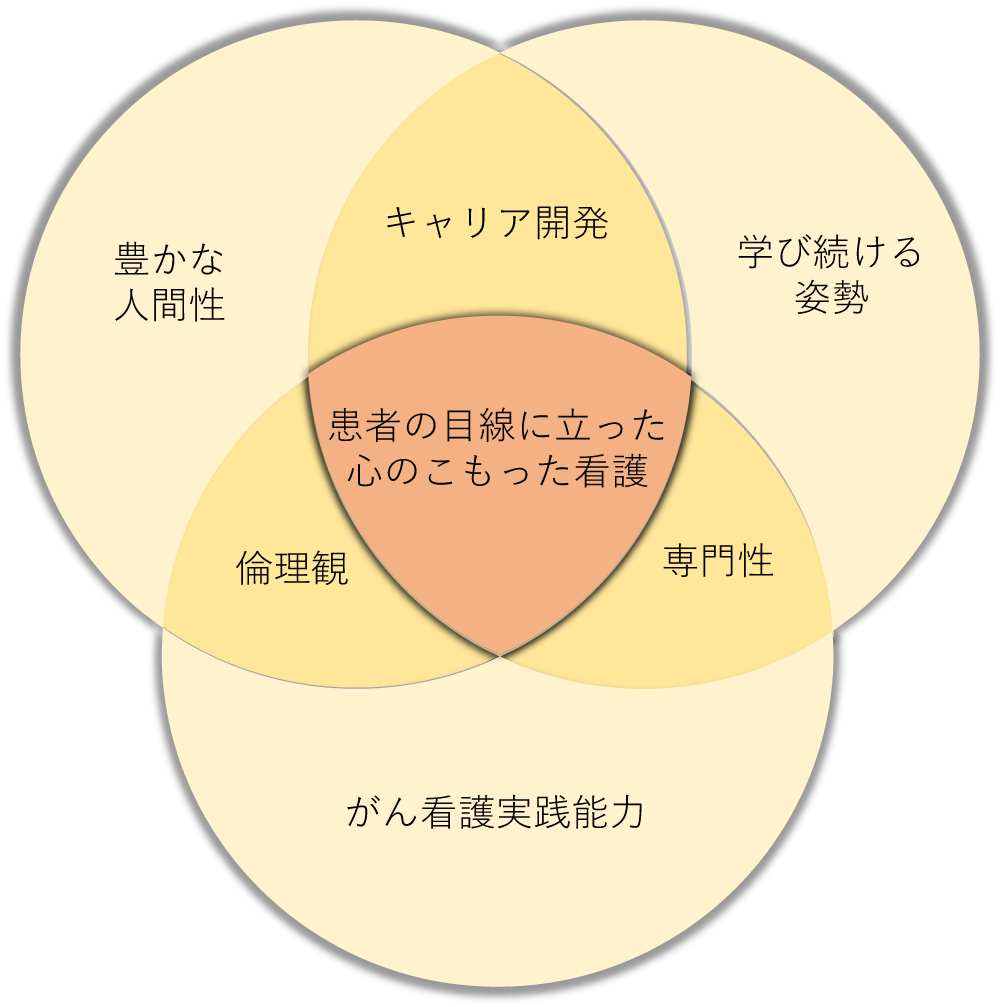 豊かな人間性、学び続ける姿勢、がん看護実践能力の3つを土台に、倫理観、専門性、キャリア開発を重ね合わせ、中心に患者の目線に立った心のこもった看護を示すベン図。
