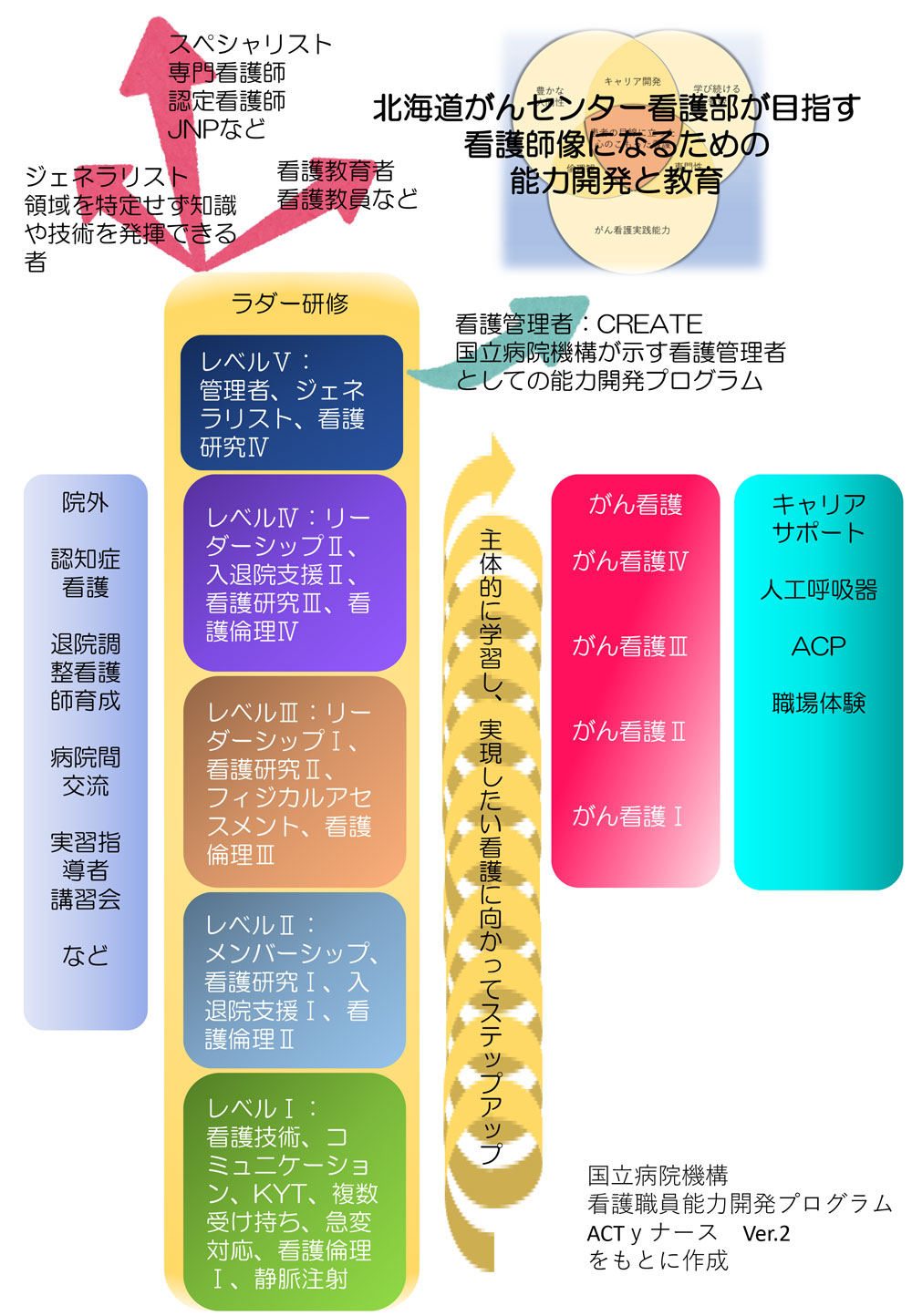 北海道がんセンター看護部が目指す能力開発と教育体系の図。ラダー研修を基盤に、レベルIからVまで段階的に学び、がん看護やキャリアサポートへ展開する流れを矢印で示している。