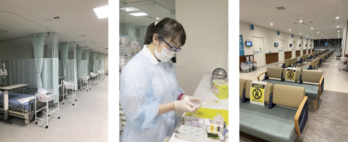 外来エリアの様子と外来看護の様子