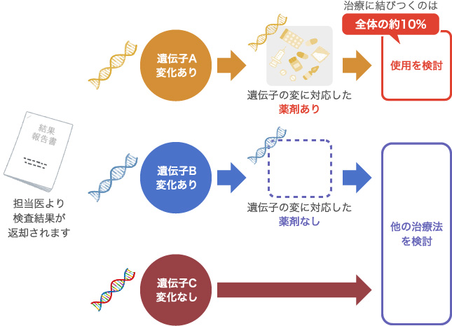 がんゲノム検査の結果に基づく治療の流れ。遺伝子Aに変化がある場合は対応する薬剤があり使用を検討（全体の約10%）。遺伝子Bに変化があっても対応薬剤がなく、他の治療法を検討。遺伝子Cに変化がない場合も他の治療法を検討する。