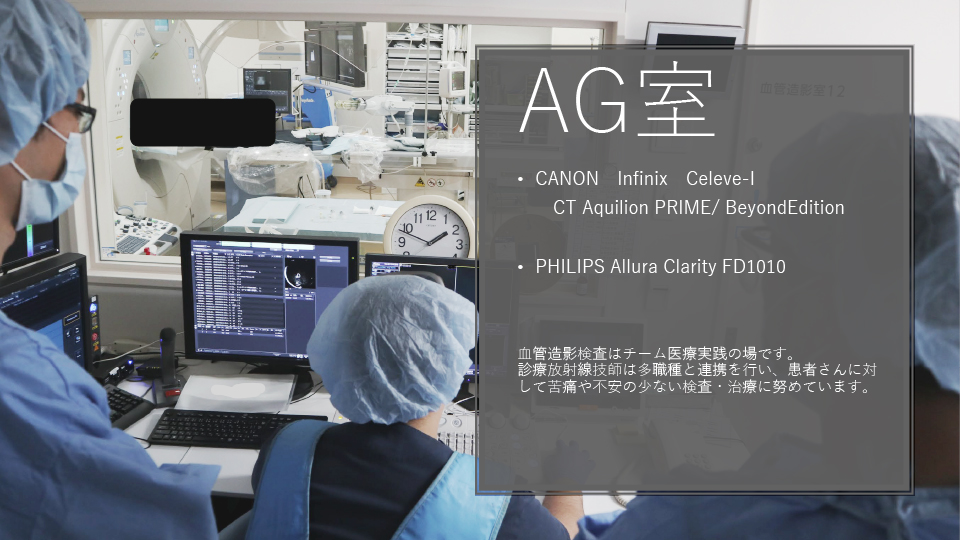 血管造影室のイメージ図。画像には『AG室』『CANON Infinix Celeve-I、CT Aquilion PRIME/BeyondEdition、PHILIPS Allura Clarity FD1010』などの装置名と、『血管造影検査はチーム医療で行い、患者さんに負担や不安の少ない検査・治療に努めています』という説明文が書かれている